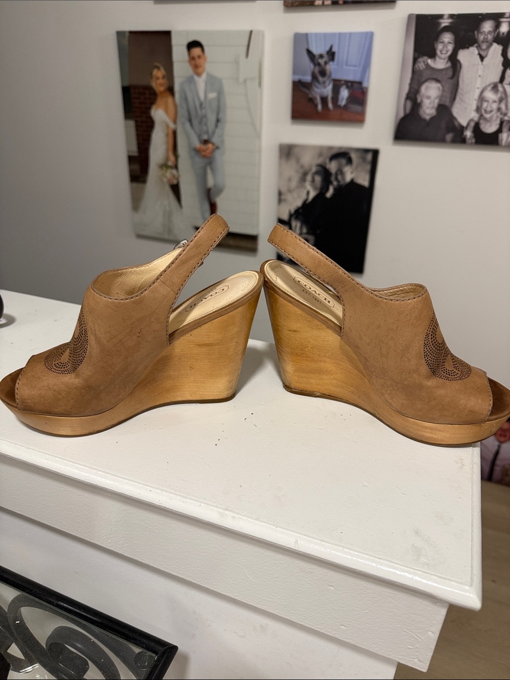 COACH Women's Tan Leather Perforated Slingback Wedge Sandals - Picture 2 of 10